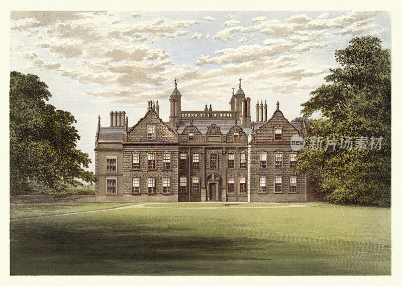 历史英国建筑，红砖建造的庄严住宅，Willesley Hall, Ashby-de-la-Zouch, 19世纪景观艺术